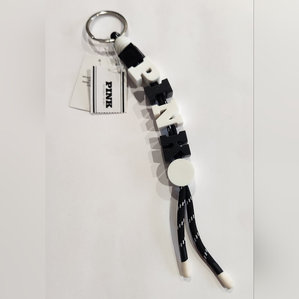 Victoria's Secret Keychain Bag Charm Black White New Spell Out Letters Dog Logo